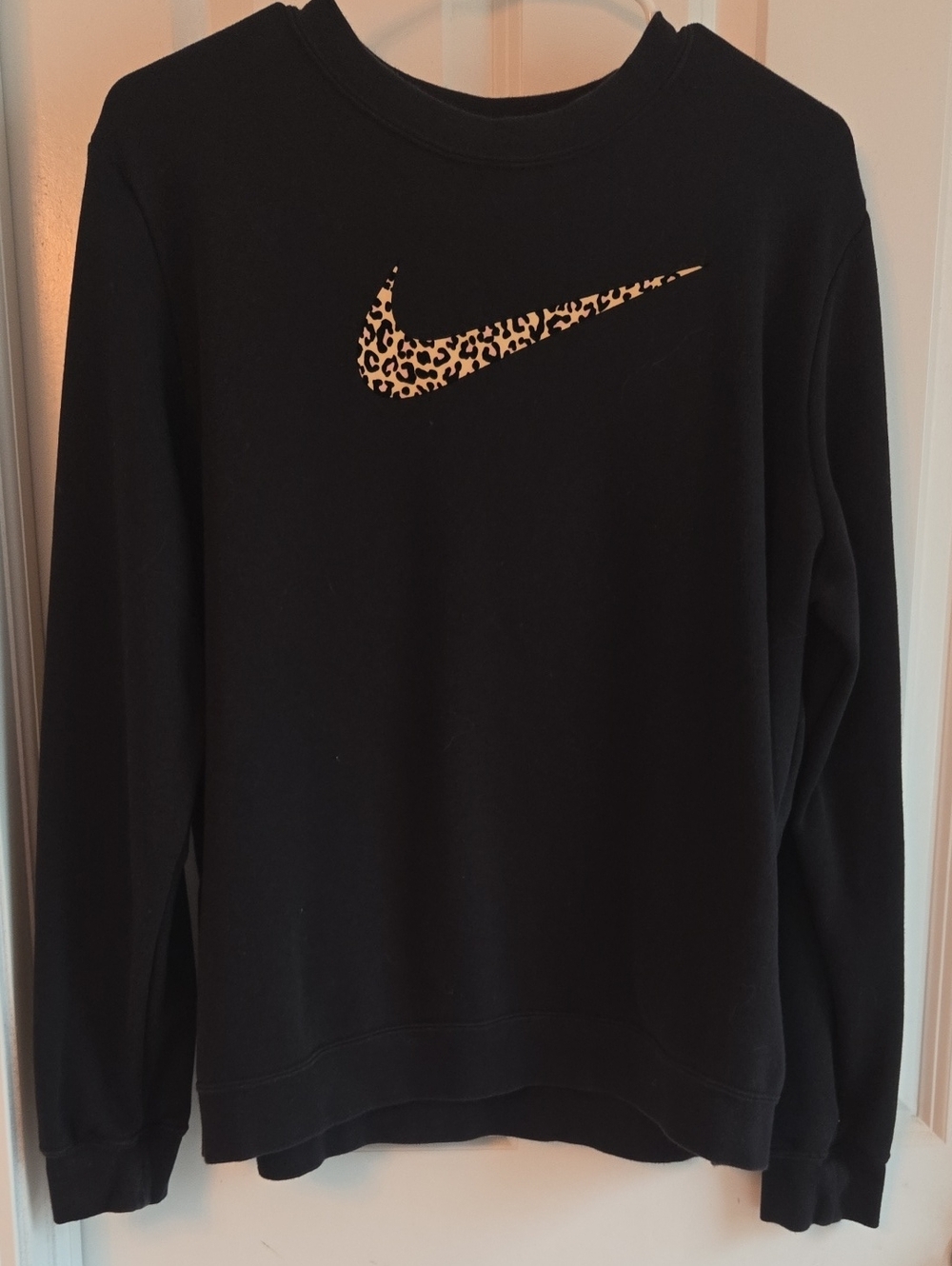 Nike Black Crew Sweatshirt with Leopard Print Swoosh